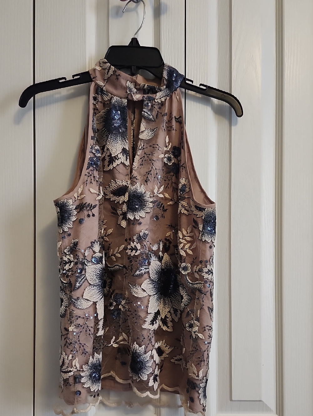 Women's Taupe Floral Sequin Halter Top